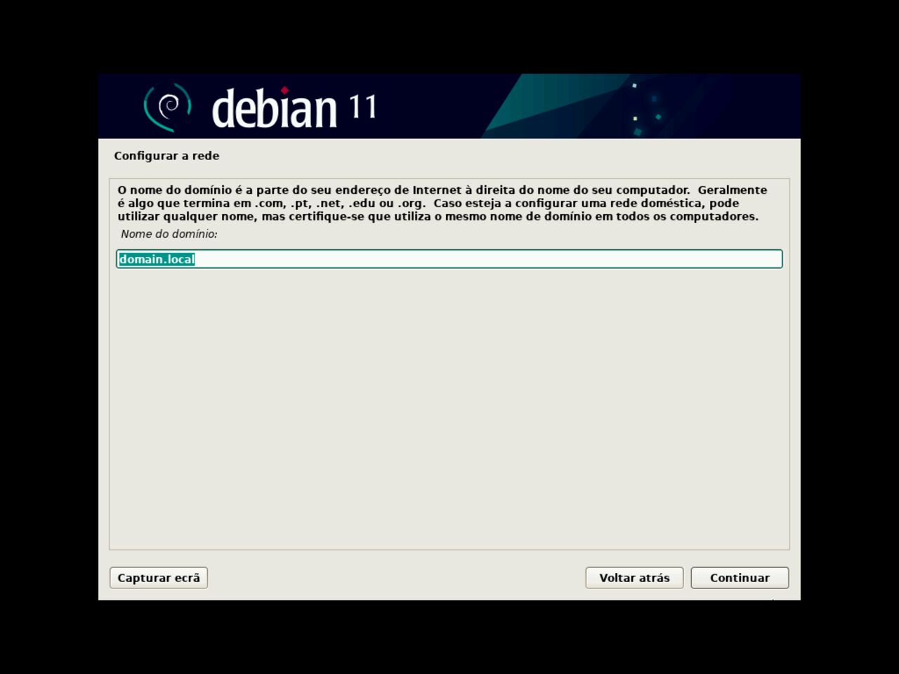 O meu primeiro laptop Linux - Escolhe o nome de domínio para a configuração de rede durante a instalação do Debian