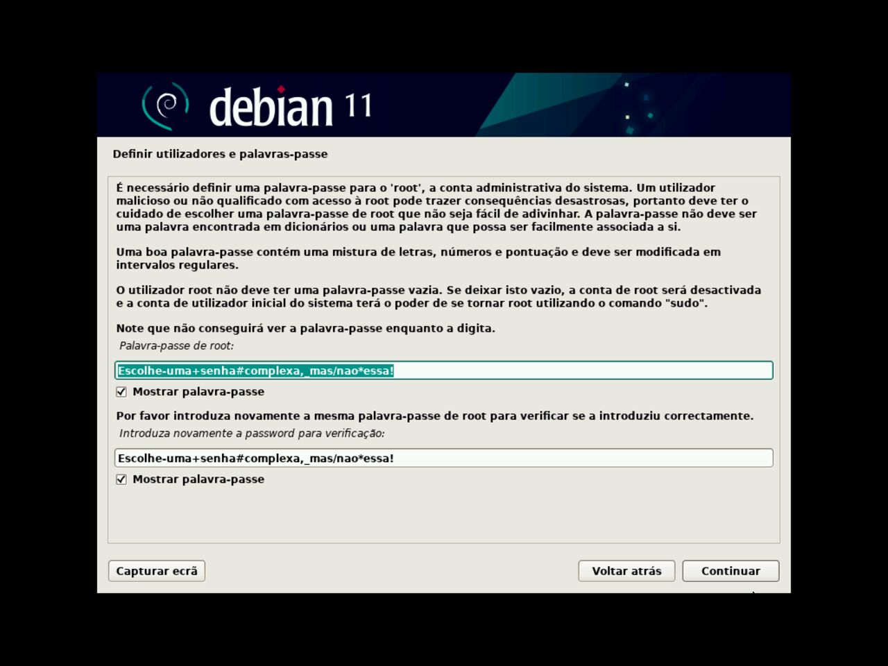 O meu primeiro laptop Linux - Configure a senha do usuário root para a instalação do Debian