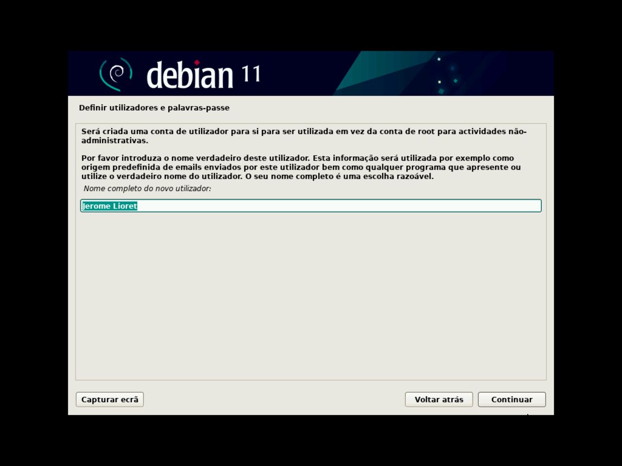 O meu primeiro laptop Linux - Digite o primeiro nome completo do usuário padrão para a instalação do Debian e configure a senha
