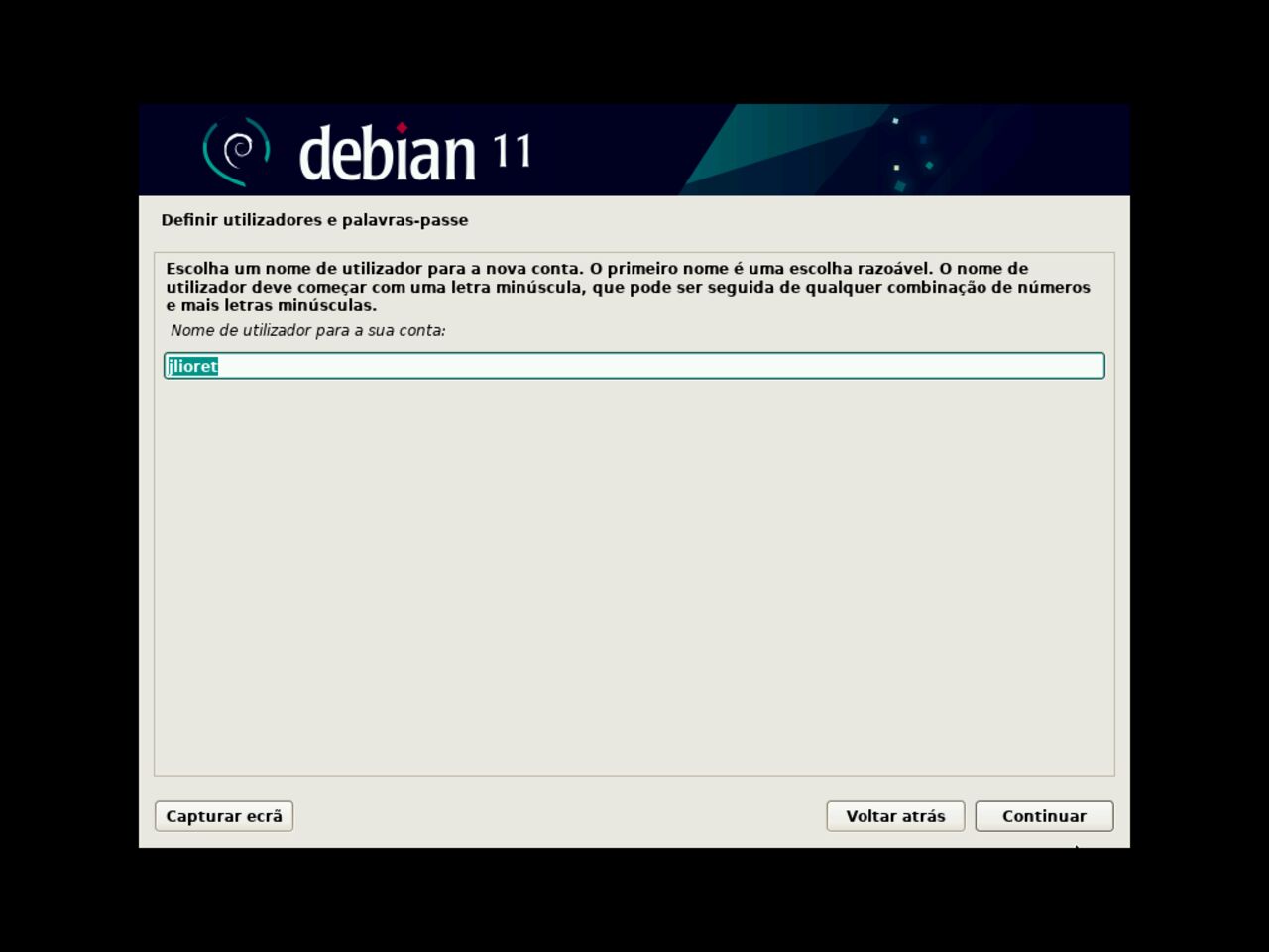 O meu primeiro laptop Linux - Definir o login do primeiro usuário standard para a instalação do Debian