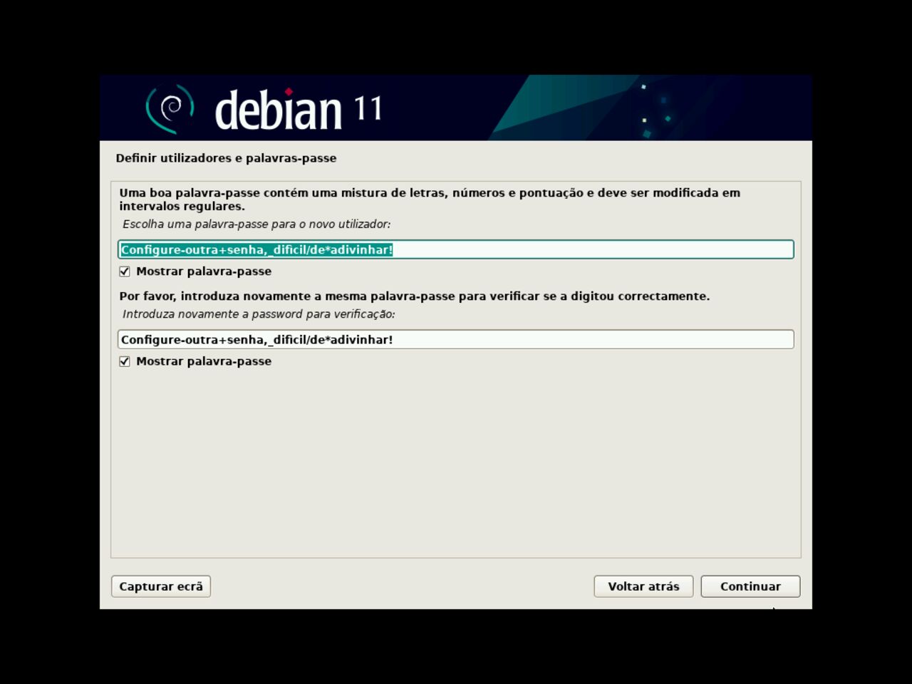 O meu primeiro laptop Linux - Configurar a primeira senha de usuário padrão para a instalação do Debian