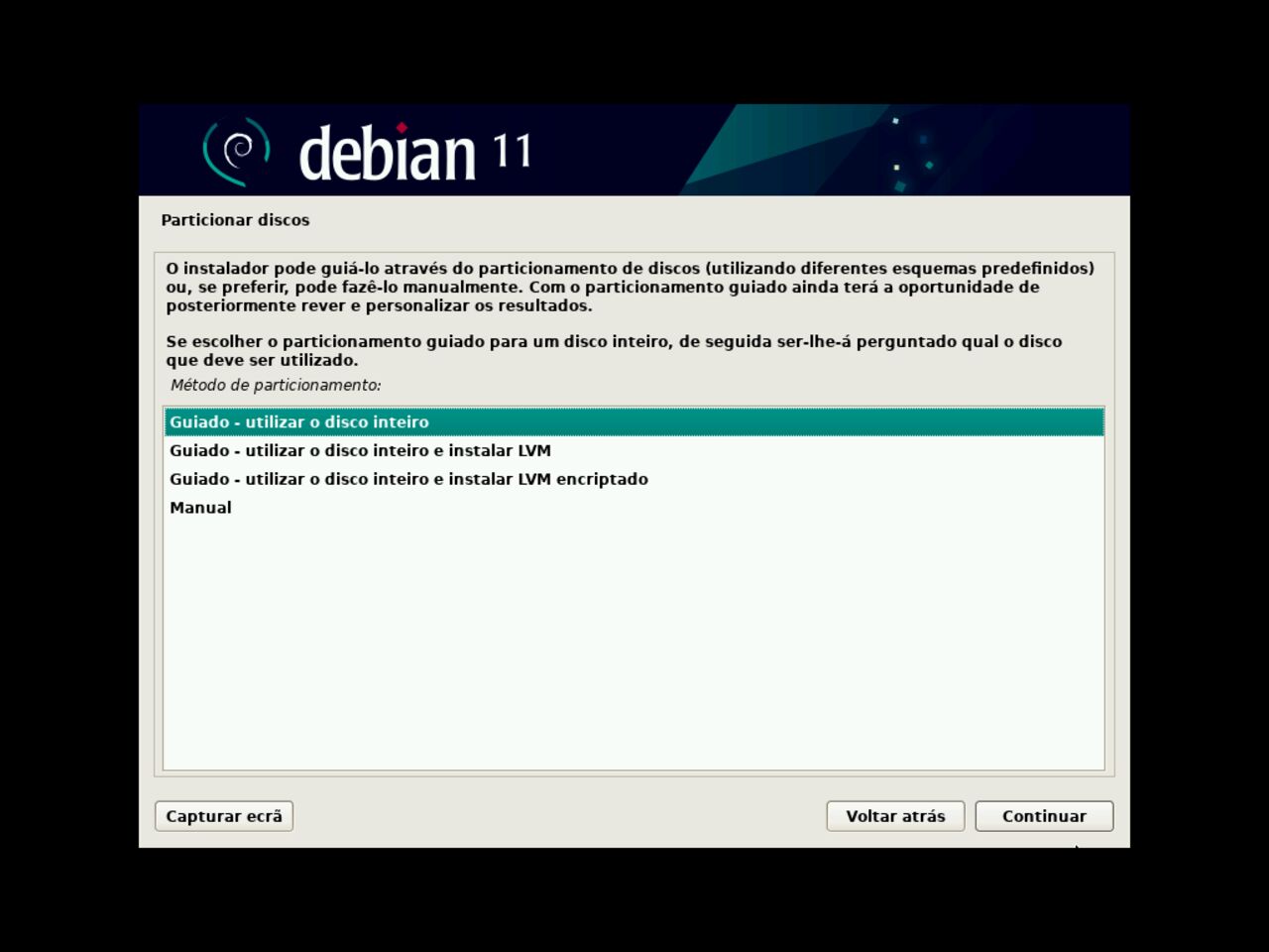 O meu primeiro laptop Linux - Escolha o método de particionamento de disco para a instalação do Debian