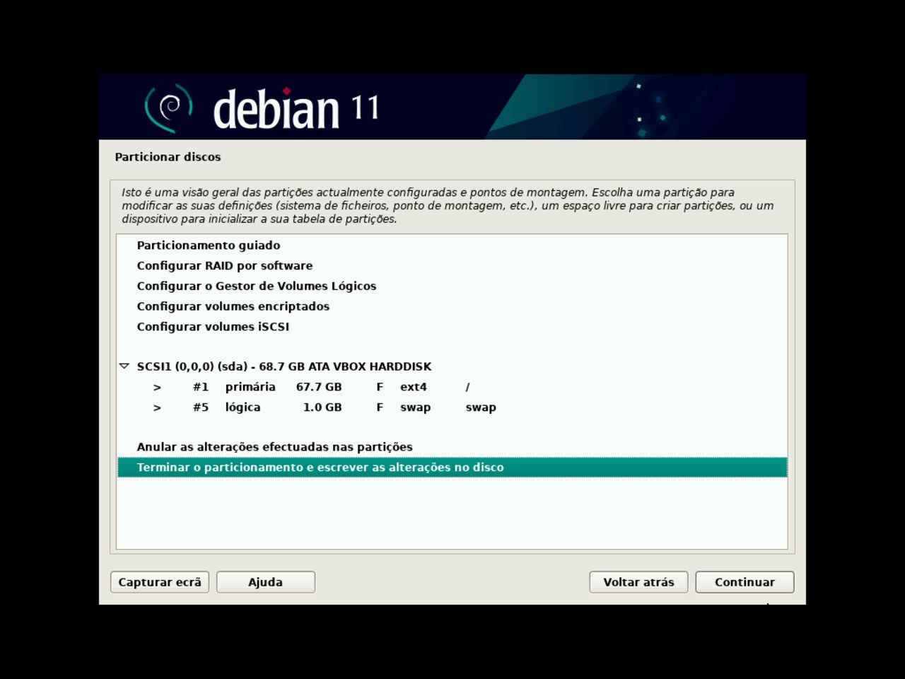 O meu primeiro laptop Linux - Termine o particionamento do disco para a instalação do Debian