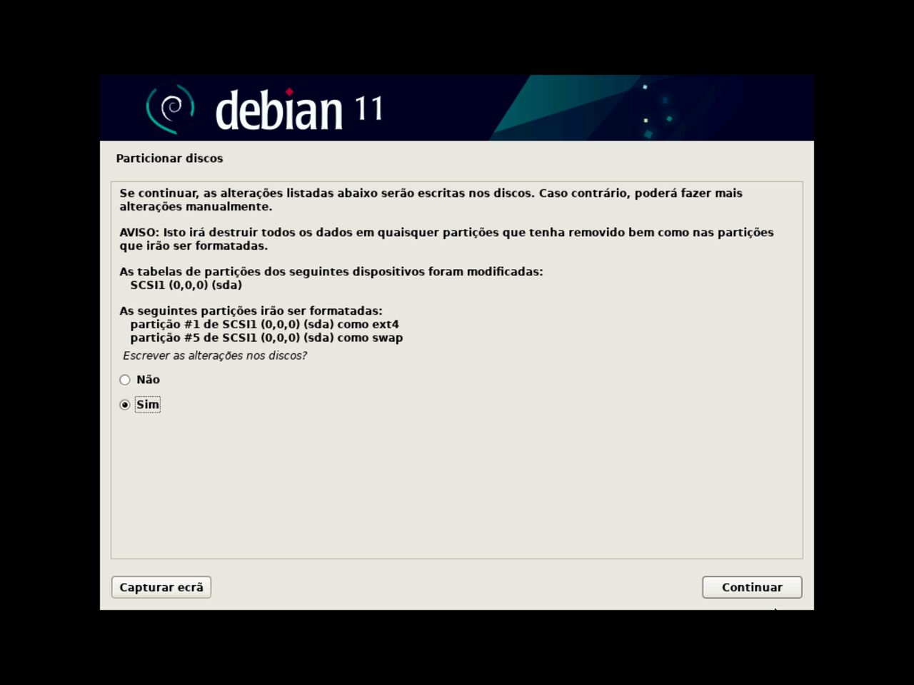 O meu primeiro laptop Linux - Confirme a escrita de mudanças de particionamento do disco para a instalação do Debian