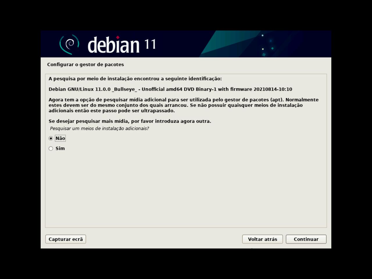 O meu primeiro laptop Linux - Digitalizar um CD adicional para configurar o gestor de pacotes de Debian durante a instalação