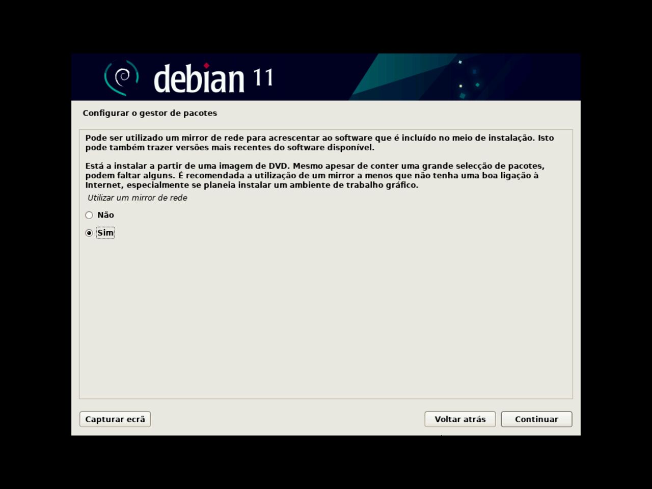 O meu primeiro laptop Linux - Selecione o espelho de rede para o gestor de pacotes Debian durante a instalação