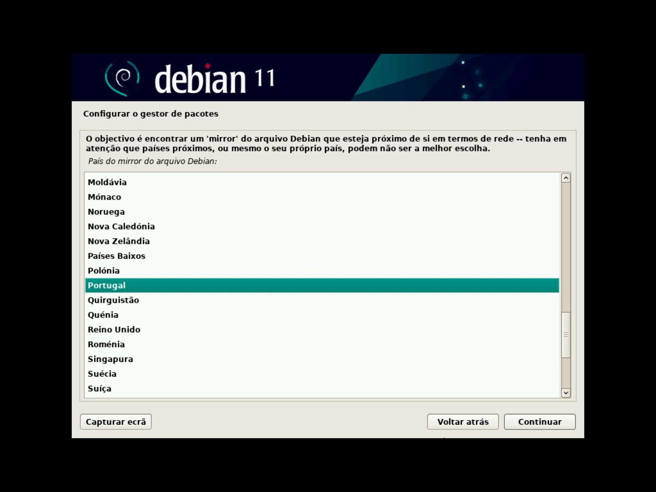 O meu primeiro laptop Linux - Escolha o País do espelho de rede do gestor de pacotes Debian