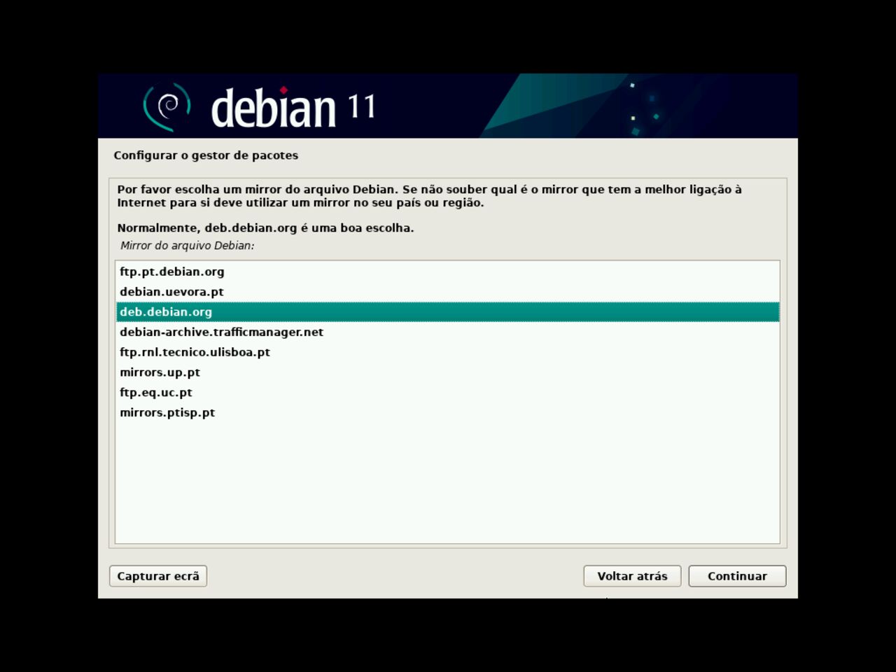 O meu primeiro laptop Linux - Escolha o servidor de espelho do gestor de pacotes Debian
