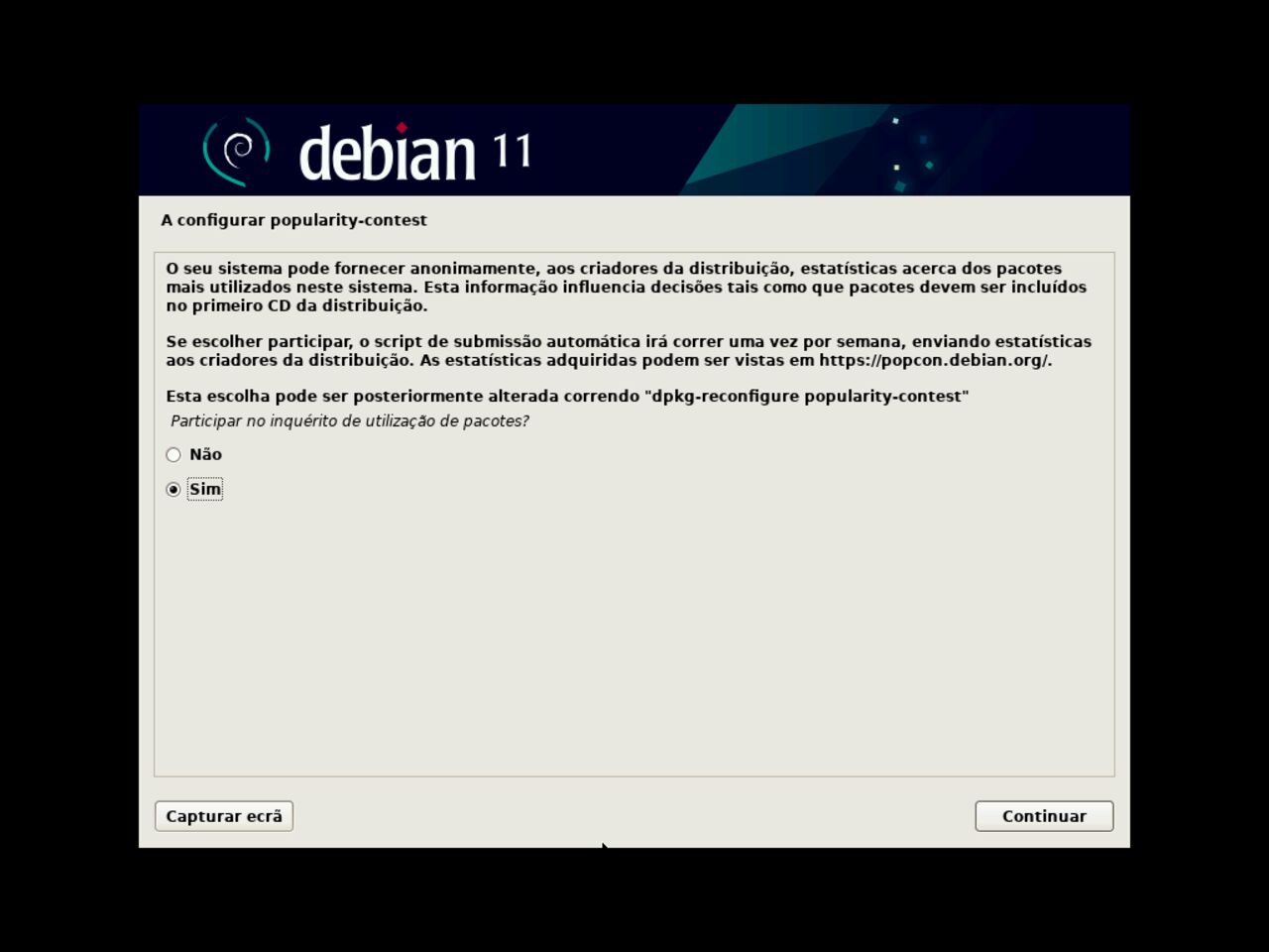 O meu primeiro laptop Linux - Escolhe durante a instalação de participar do popcon, a pesquisa sobre o uso dos pacotes de software Debian