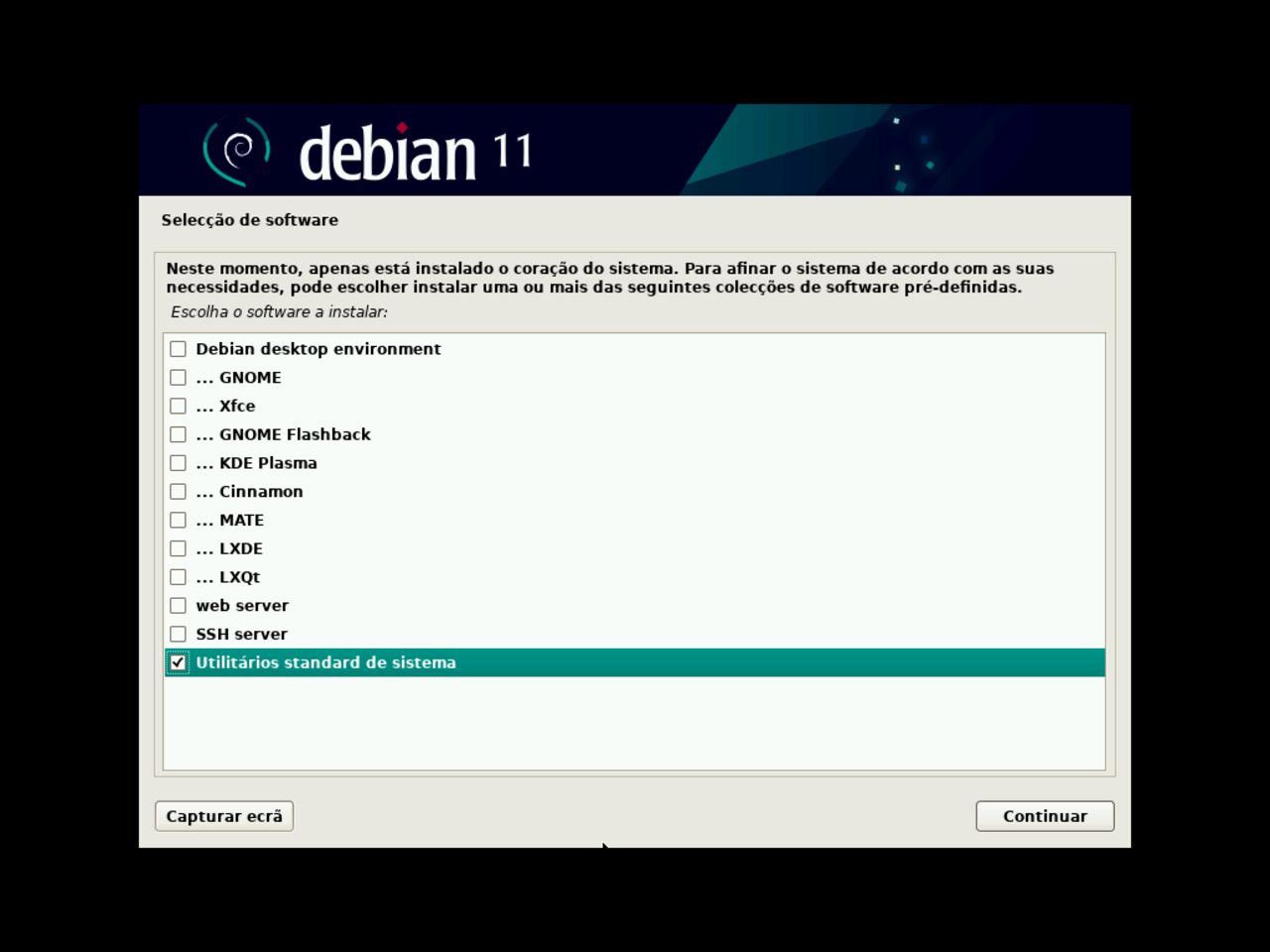 O meu primeiro laptop Linux - Selecione o software para instalar durante a instalação do Debian