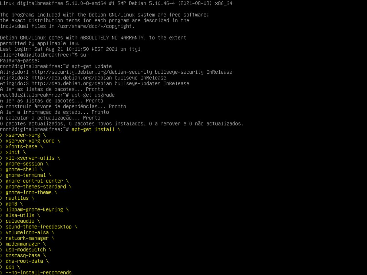 O meu primeiro laptop Linux - Instale o software necessário para uma instalação mínima do Gnome em cima do Debian