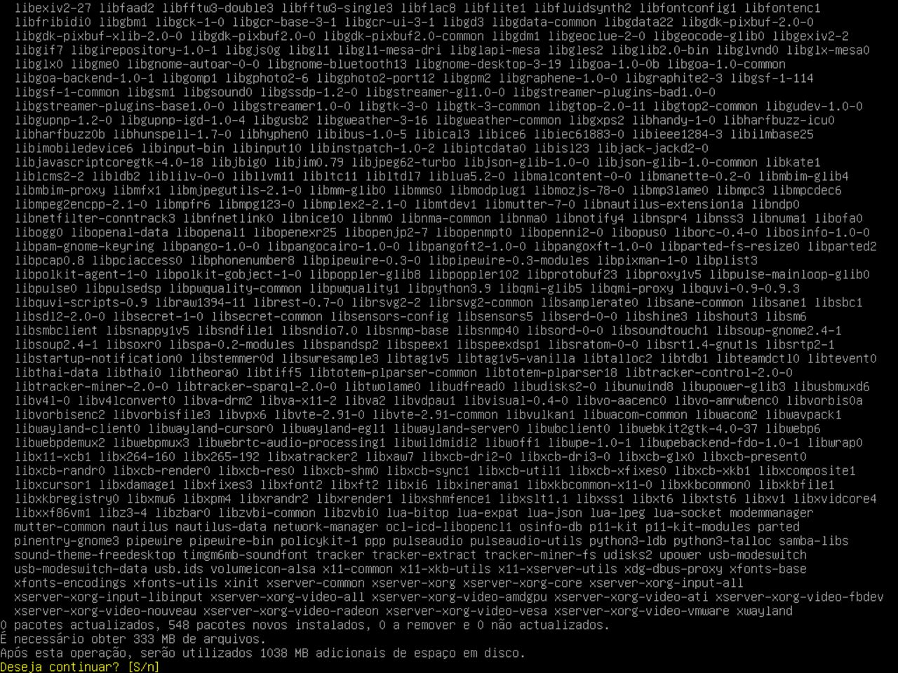 O meu primeiro laptop Linux - Confirme a lista dos pacotes selecionados para instalar um entorno gráfico mínimo Gnome em cima do Debian